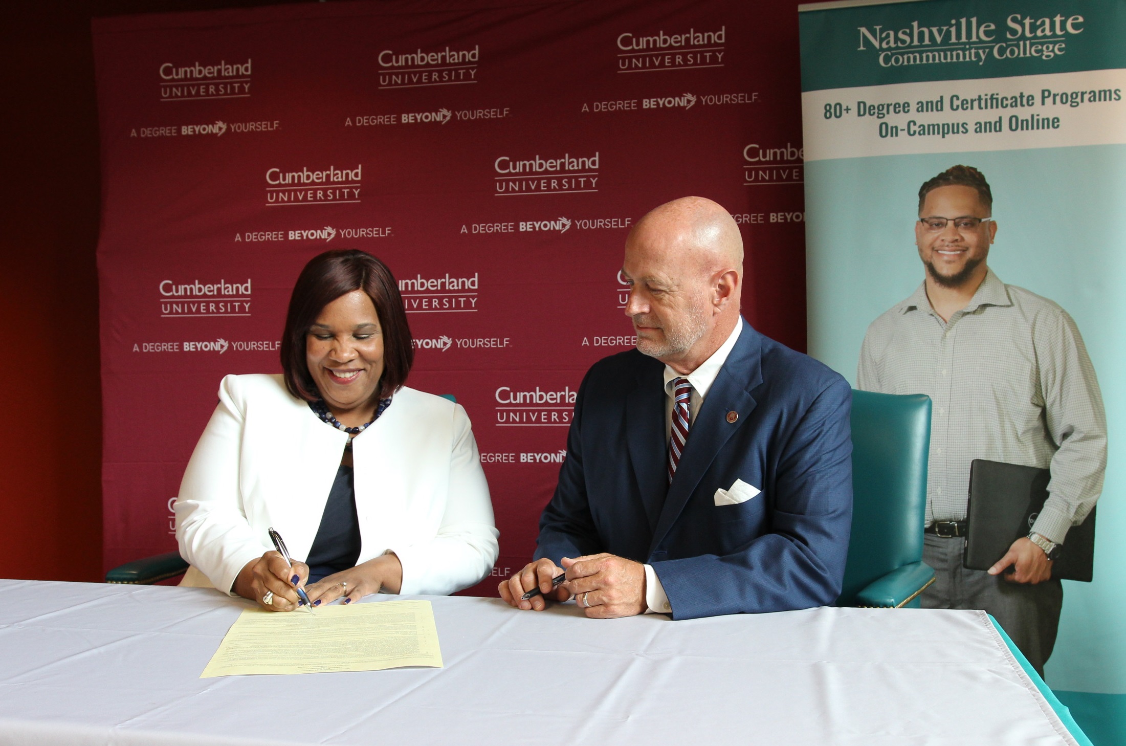 Nashville State President Dr. Shanna L. Jackson and Cumberland University President Dr. Paul C. Stumb.