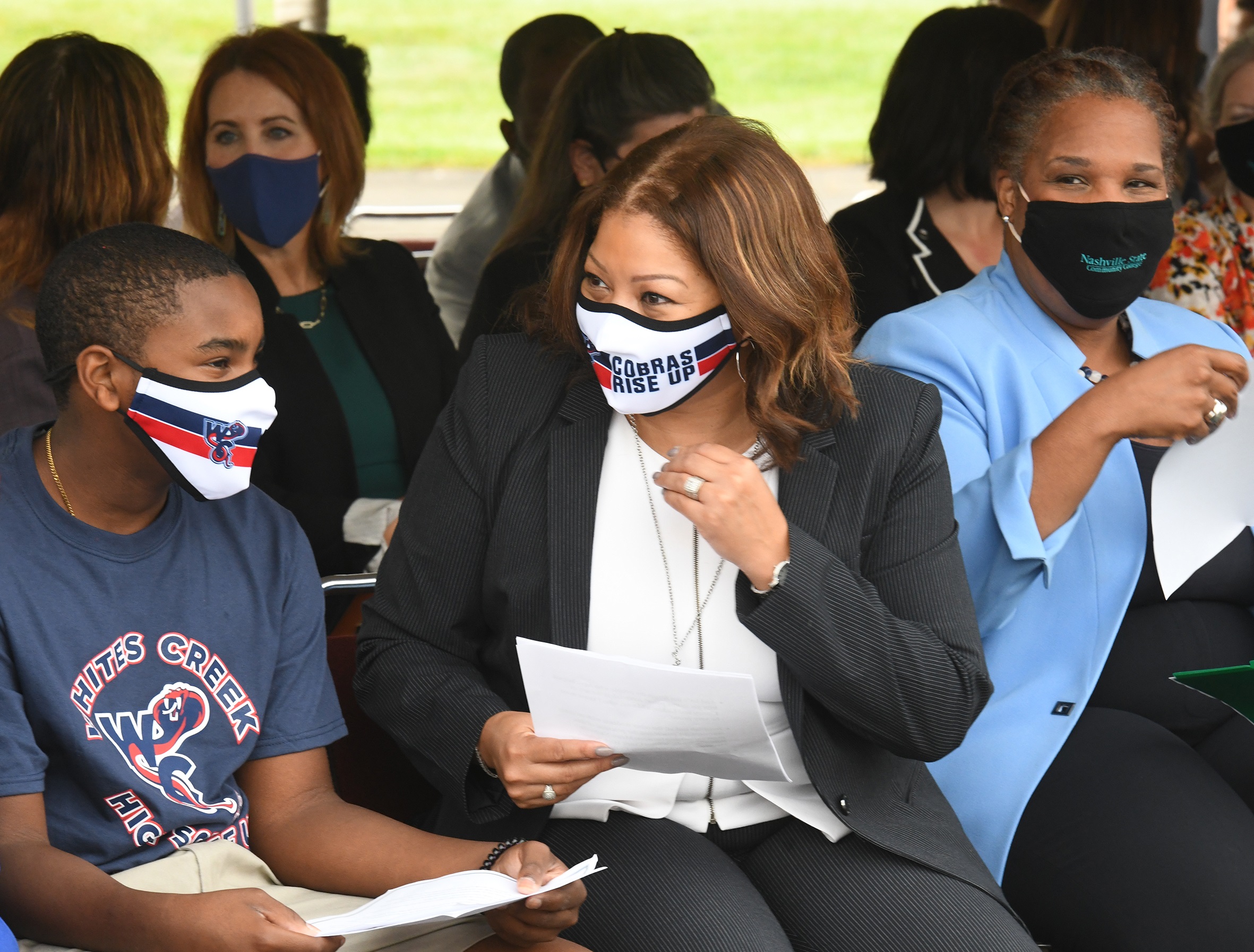 Early College student Jeremiah Moore with Metro Schools Director Dr. Adrienne Battle and Nashville State Community College President Dr. Shanna L. Jackson. Credit: Shelley Mays, Metro Nashville Public Schools.