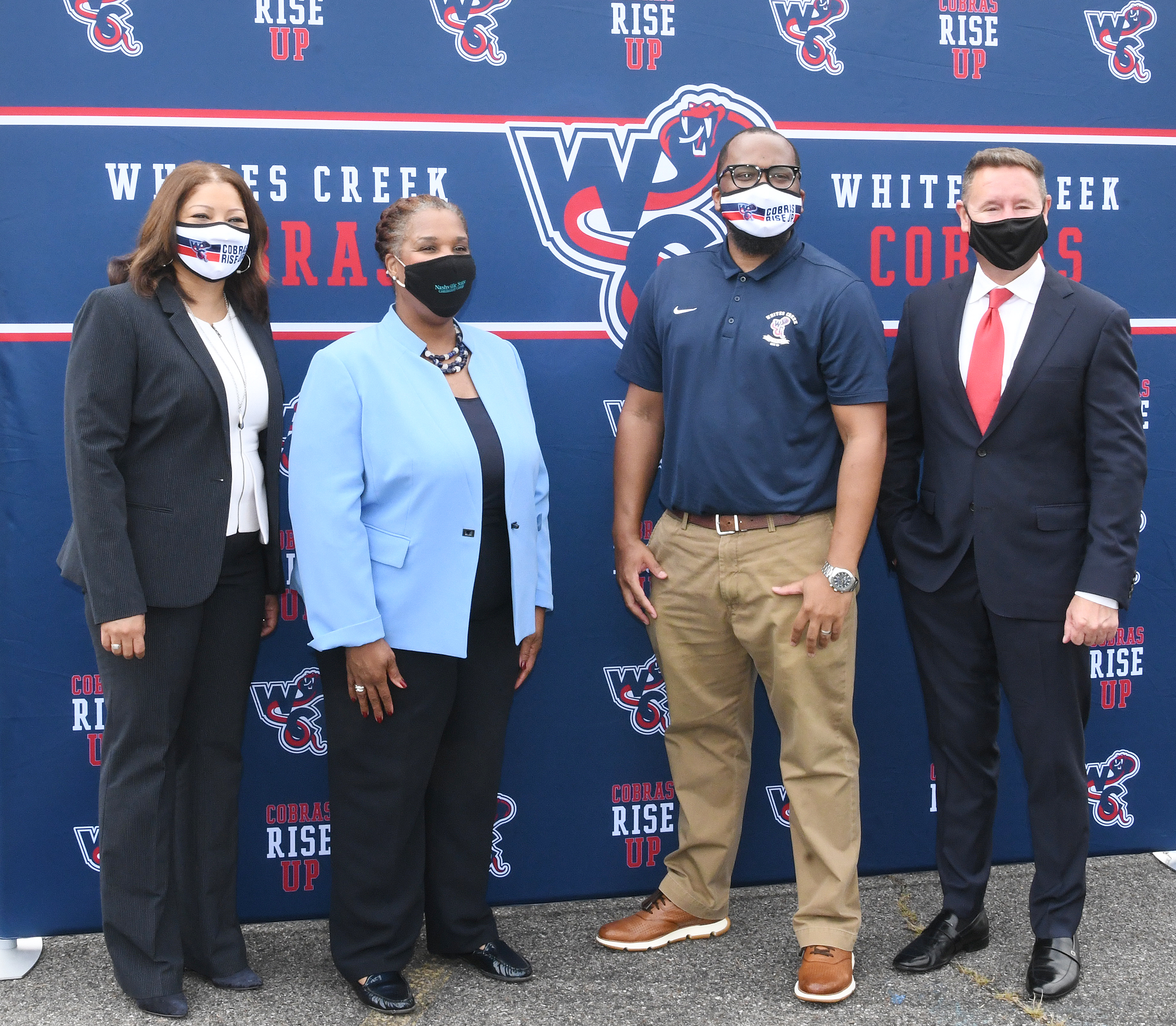 Metro Schools Director Dr. Adrienne Battle, Nashville State Community College President Dr. Shanna L. Jackson, White Creek High School Pricipal Dr. Brian Mells, and PNC Regional President of Tennessee Mike Johnson.