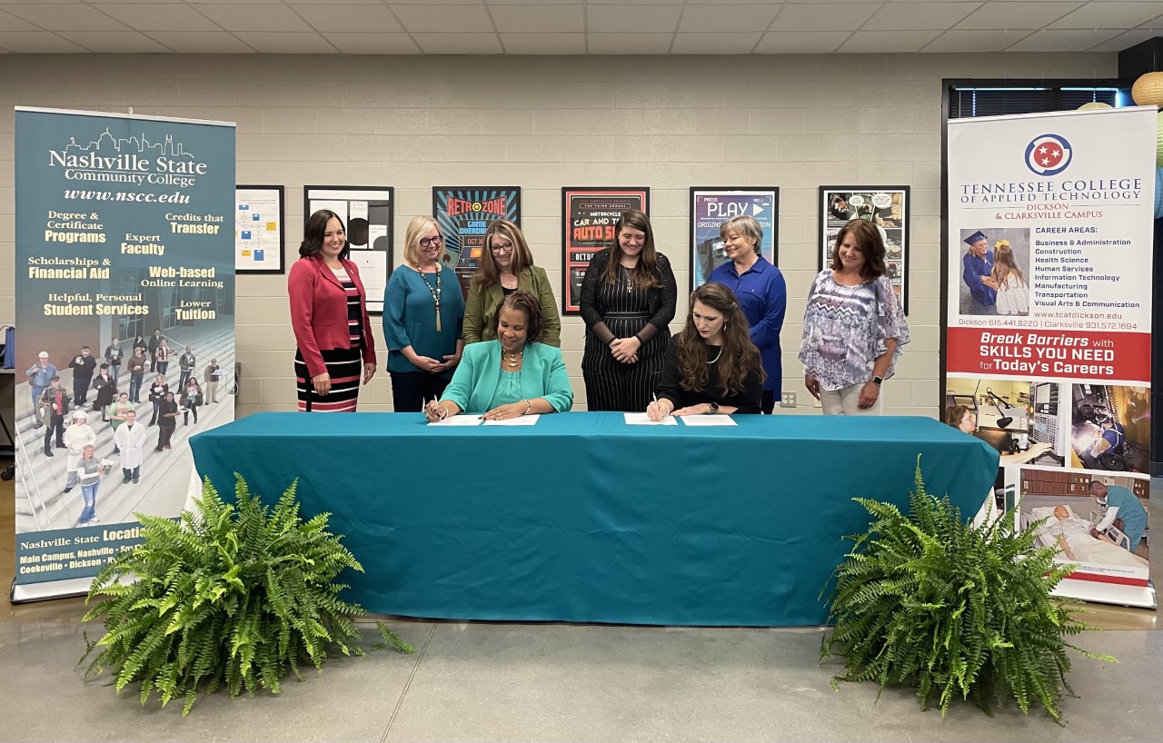 Photo (front row, from left): Dr. Shanna L. Jackson, Nashville State Community College president, and Dr. Arrita Summers, TCAT Dickson-Clarksville president; (back row, from left) Dr. Carol Rothstein, vice president of Academic Affairs at Nashville State; Dr. Patricia Armstrong, dean of English, Humanities and Creative Technologies at Nashville State; Telaina Wrigley, Nashville State Clarksville campus coordinator; Victoria Dabalos, who will be a graduating from the TCAT Digital Graphic Design program in August and is interested in attending Nashville State; Kathleen Fosbinder Smith, TCAT Dickson-Clarksville campus Digital Graphic Design instructor; and, Deanna Griffin, TCAT Dickson-Clarksville campus coordinator