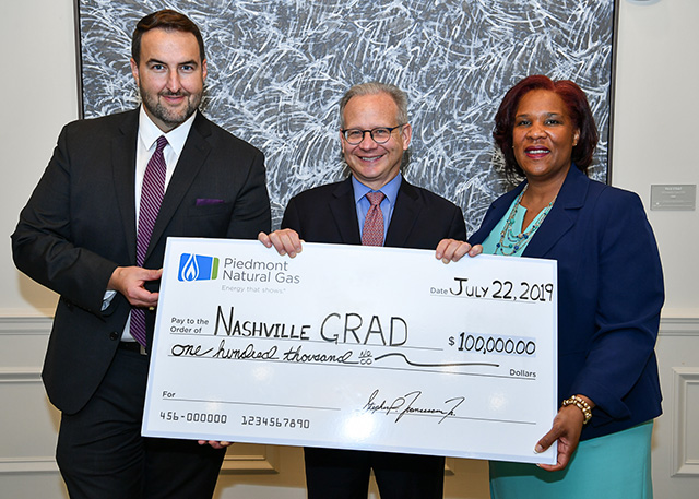 Pictured left to right: Stephen Francescon, Tennessee Community Relations manager for Piedmont Natural Gas; Mayor David Briley; Dr. Shanna L. Jackson, President of Nashville State