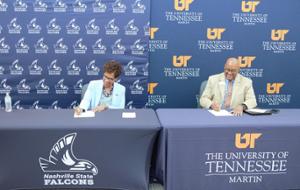 Nashville State Community College President Shanna L. Jackson and University of Tennessee at Martin Chancellor Yancy Freeman sign a 1+3 partnership agreement between the two institutions during an event at the college's Humphreys County campus.