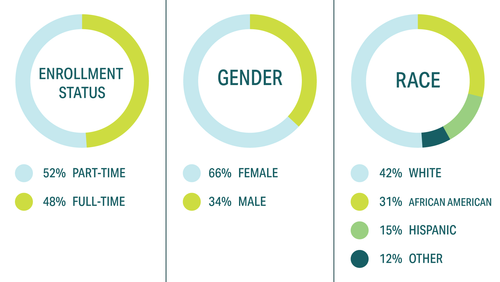45% part-time, 55% full-time, 66% female, 34% male, 42% white, 31% black, 15% hispanic, 12% other
