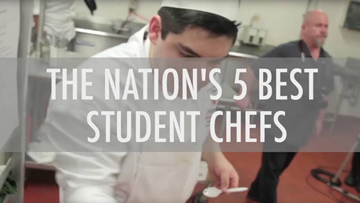 Culinary student preparing food.